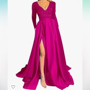V Neck Long Sleeve Prom Dresses with Slit Sequin Satin Formal Evening Gowns